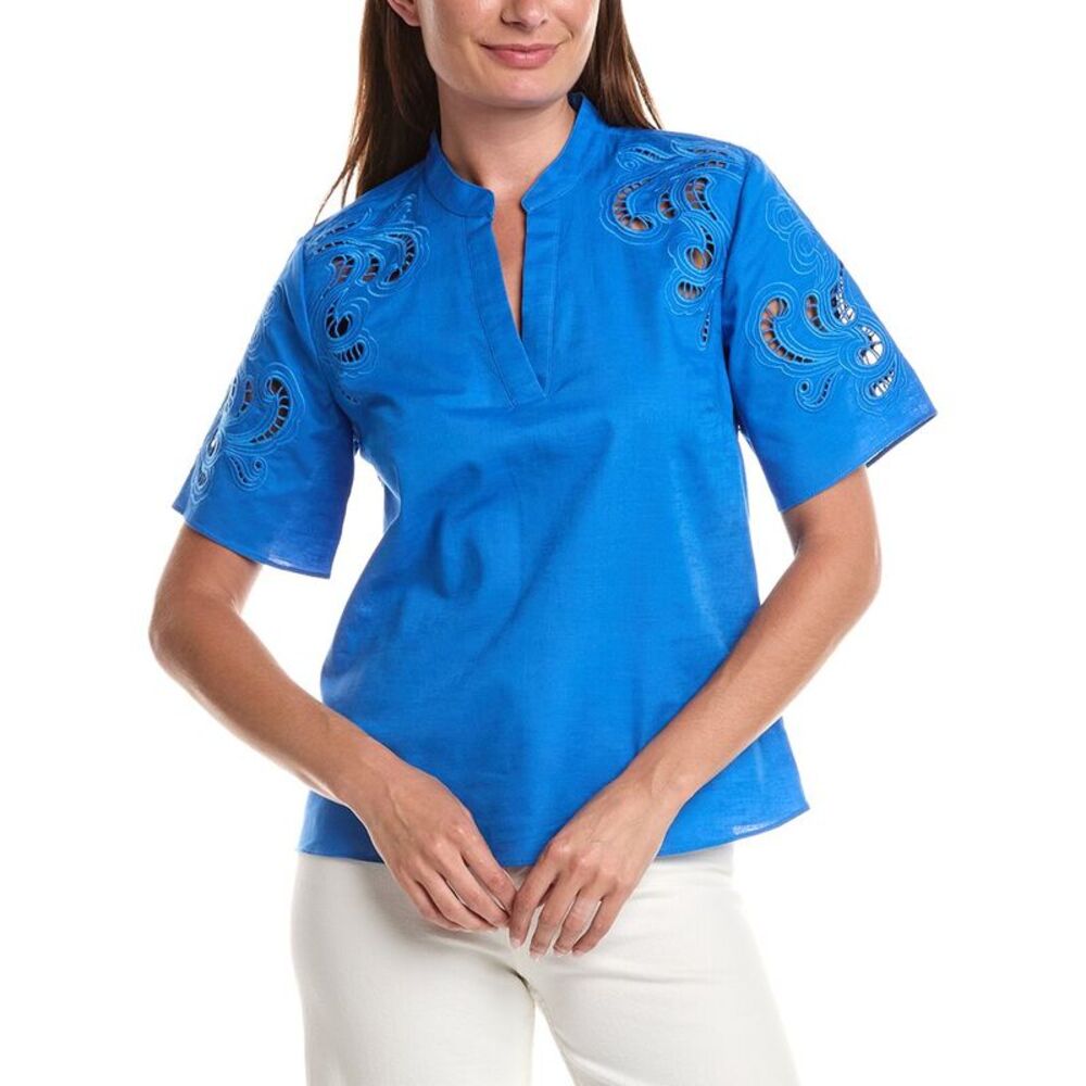 T Tahari Womens Linen-Blend Solid Blouse, Blue